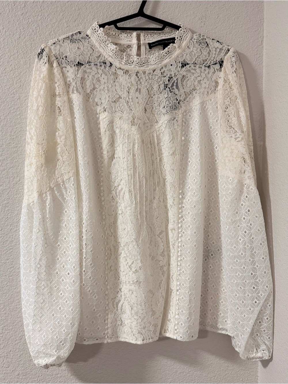 WHBM Lace Yoke Ivory Blouse - Women's Elegant Long Sleeve Top